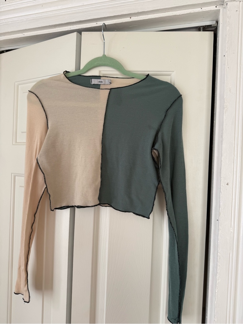 Adika Two-Tone Ribbed Cropped Long Sleeve Top in Sage Green and Beige
